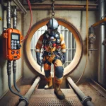 DALL·E 2025 02 02 09.10.45 A Worker Entering A Confined Space Using Safety Equipment, Including A Helmet, Harness, And Gas Detector. The Environment Is An Industrial Setting Wit