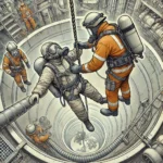 DALL·E 2025 02 02 09.11.16 A Detailed Illustration Of A Worker In A Confined Space Rescue Operation. The Scene Includes Emergency Responders Using Safety Harnesses, Breathing Ap